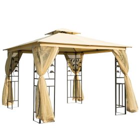 Outsunny 10' x 10' Metal Patio Gazebo, Double Roof Outdoor Gazebo Canopy Shelter with Tree Motifs Corner Frame and Netting, for Garden, Lawn, Backyard
