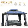 Outsunny 10' x 12' Hardtop Gazebo Canopy with Polycarbonate Double Roof, Aluminum Frame, Permanent Pavilion Outdoor Gazebo with Netting and Curtains f