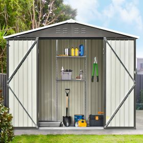 Patio 8ft x6ft Bike Shed Garden Shed, Metal Storage Shed with Adjustable Shelf and Lockable Doors, Tool Cabinet with Vents and Foundation Frame for Ba (Color: Gray, Material: Steel)